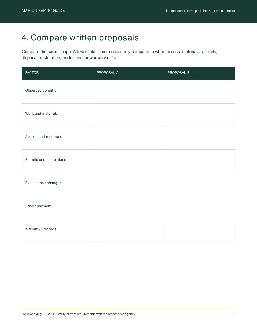 Actual two-proposal comparison worksheet page from the septic field guide