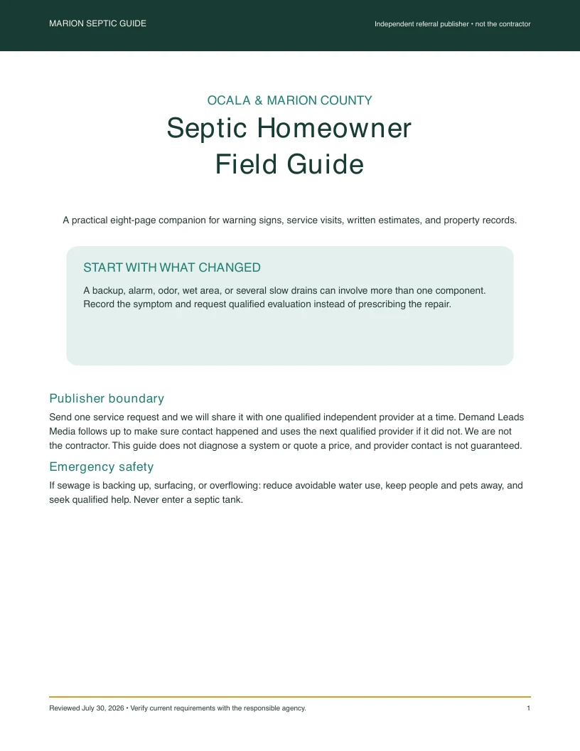 Actual cover page of the Marion Septic Guide homeowner field guide