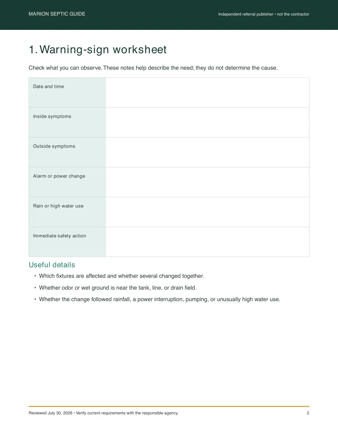Actual service-request worksheet page from the septic field guide